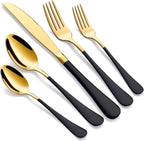 20-Piece Black and Gold Silverware Set 18/0 Stainless Steel Silverware Set Black Handle Cutlery Set Service for 4 Dinner Knives Forks Spoons Set Flatware Set Finish Dishwasher Safe