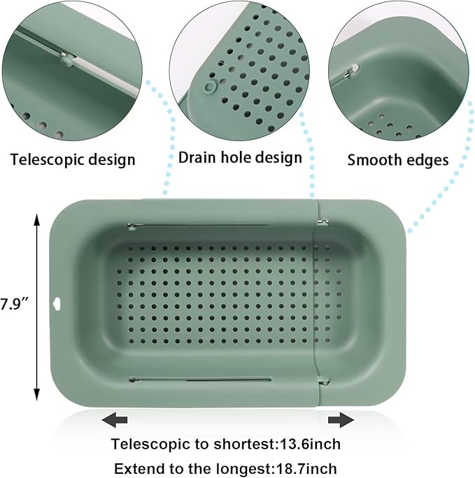 Collapsible Sink Colanders and Strainers Basket Extendable Plastic Fruit Vegetable Strainer Drainer Basket for Kitchen (Length 13.6 inch-18.7 inch) (Apple Green)