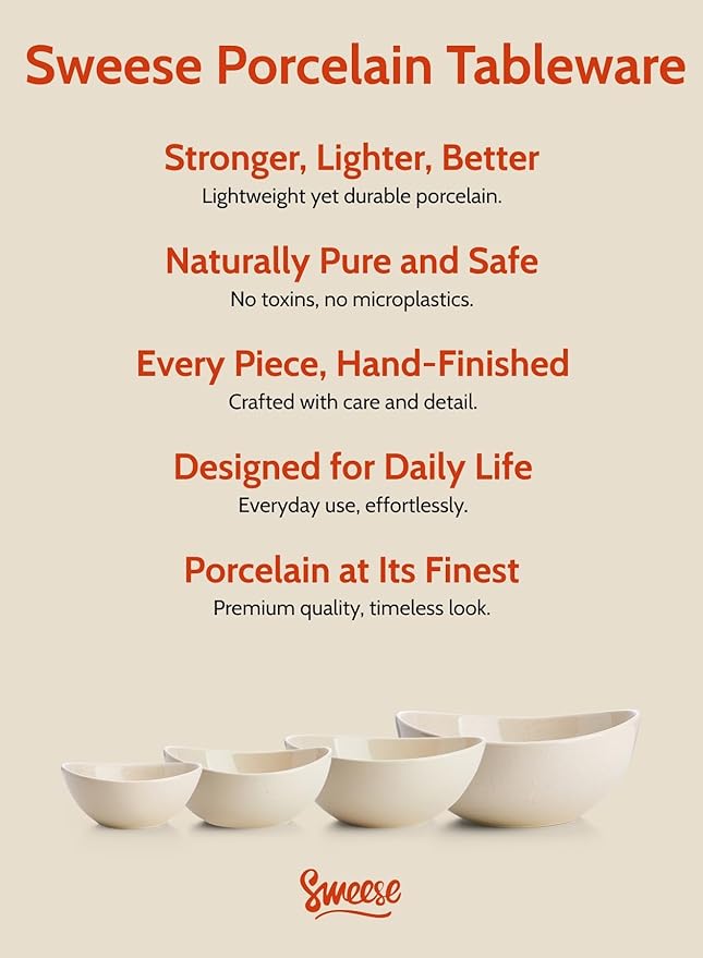 Sweese Porcelain Serving Bowls Set for Entertaining, Multipurpose 10-18-28-42oz, Beige
