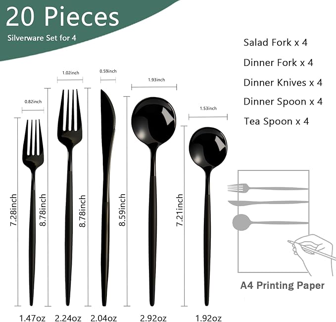 Modern Black silverware Set,Premium 18/10 Stainless Steel,Heavy duty,Sturdy,Sharp Practical steak knives,Matte Black Handle,Mirror Polished Finish,Kitchen Essential, (black)