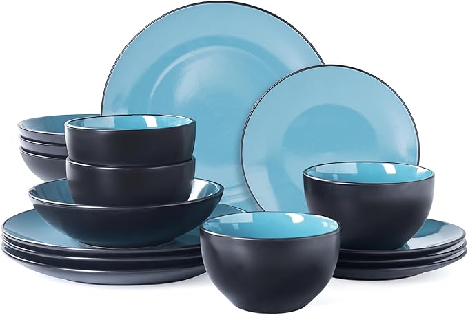 Plates and Bowls Sets for 4 - CJDC-QUELO 16-Piece Stoneware Dinnerware Sets, Ceramic Dishware Set for Indoor Kitchen Use and Formal Dining, Chip and Scratch Resistant Microwave Dishwasher Safe