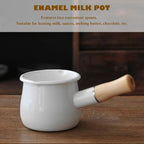Enamel Milk Pot 17oz Butter Warmer Small Sauce Pan with Spouts Butter Melting Pot, Wooden Handle, White