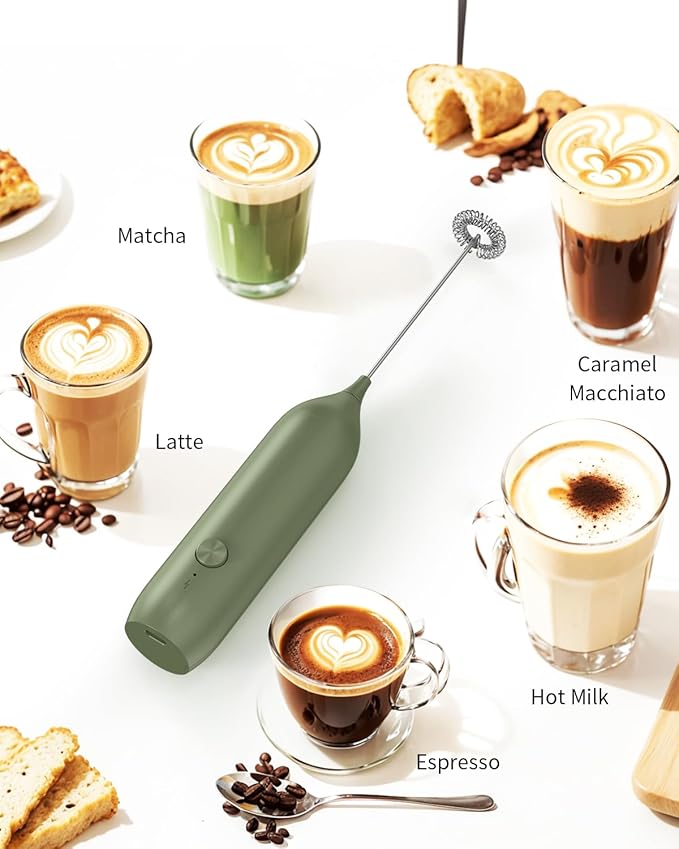 CIRCLE JOY Rechargeable Milk Frother Handheld with Stand, Coffee Frother Wand Drink Mixer with Dual Spring Whisk for Coffee, Cappuccino, Lattes, Frappe, Matcha and Hot Chocolate, Green