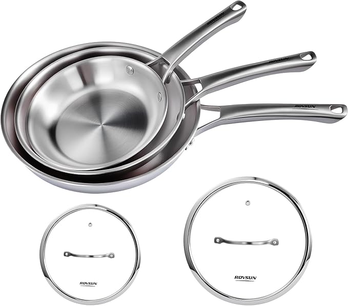 ROVSUN 8-10-12 Inch Stainless Steel Cookware Set, Tri-Ply Skillets Set with Lids, Full Clad Stainless Steel Chef's Pan, PFOA & PTFE Free Skillets, Compatible for All Cooktops, Dishwasher & Oven Safe