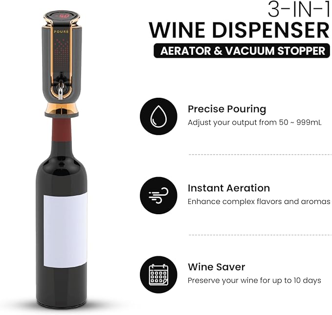 3-IN-1 Wine Aerator Dispenser & Vacuum Stopper - Adjustable Pouring, Preserving, Real-Time Temp, Output & Pressure Control - Touch Screen LED Wine Accessories - Fits 18–20mm Bottles - Black