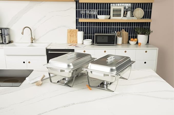 4 Pack Chafing Dish Full Set – Stainless Steel Catering Chafer with Lids, Pans & Fuel Holders – Buffet Food Warmers for Parties, Events & Weddings – Alpine Gray Handles