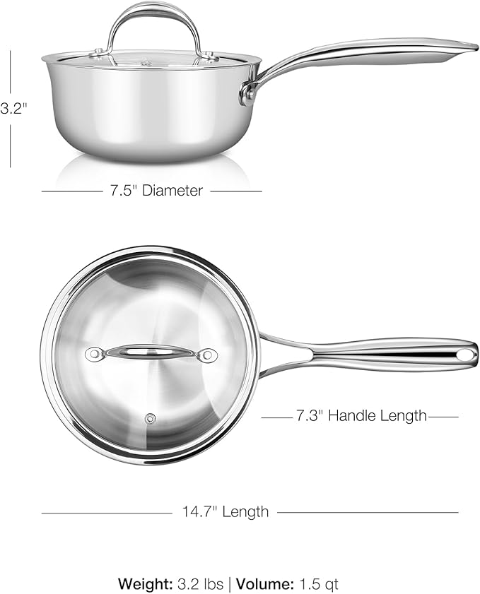 KEAWELL K3 Premium 1.5-Quart Tri-Ply Stainless Steel Saucepan with Lid, Induction & Oven Safe up to 600°F, Even Heating, Professional Cookware for All Stovetops (1.5-Qt)