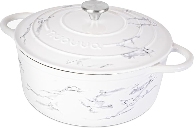 Cast Iron Dutch Oven with Lid – Non-Stick Ovenproof Enamelled Casserole Pot – Sturdy Dutch Oven Cookware – Marble, 6.4-Quart, 28cm – by Nuovva
