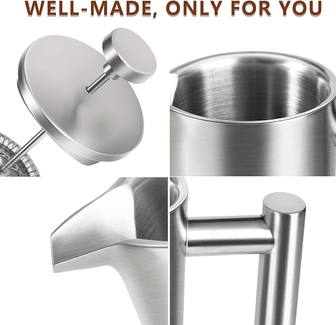 French Press 34 OZ, Durable Stainless Steel French Press Coffee Maker, Double-Wall Insulated Coffee Presses for Travel Camping Tea, Easy to Use, Dishwasher Safe (Silver Matte)