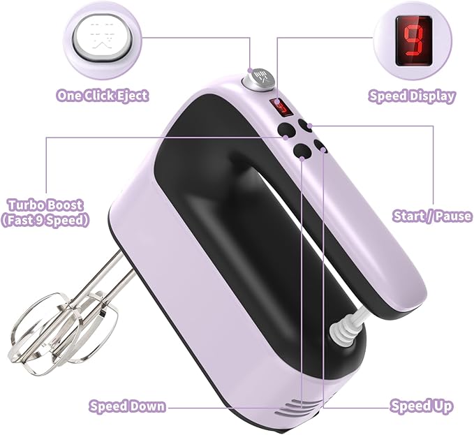 9-Speed Digital Hand Mixer Electric, 400W Powerful DC Motor, Baking Mixer Handheld with Snap-On Storage Case, 5 Stainless Steel Accessories, Flat Beaters, Dough Hooks, Whisk (Purple&Black)