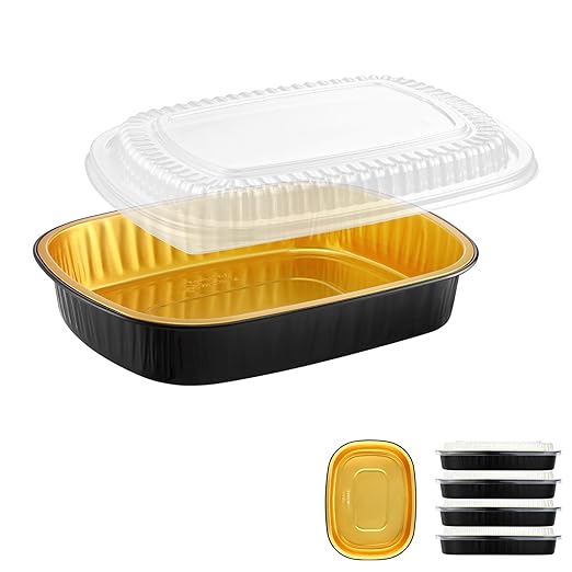 Oval Aluminum Foil Pans with Snap-On Lids (5 Pack) | 2X Thicker Heavy Duty Reusable Container 68oz for Take-Out (Black)