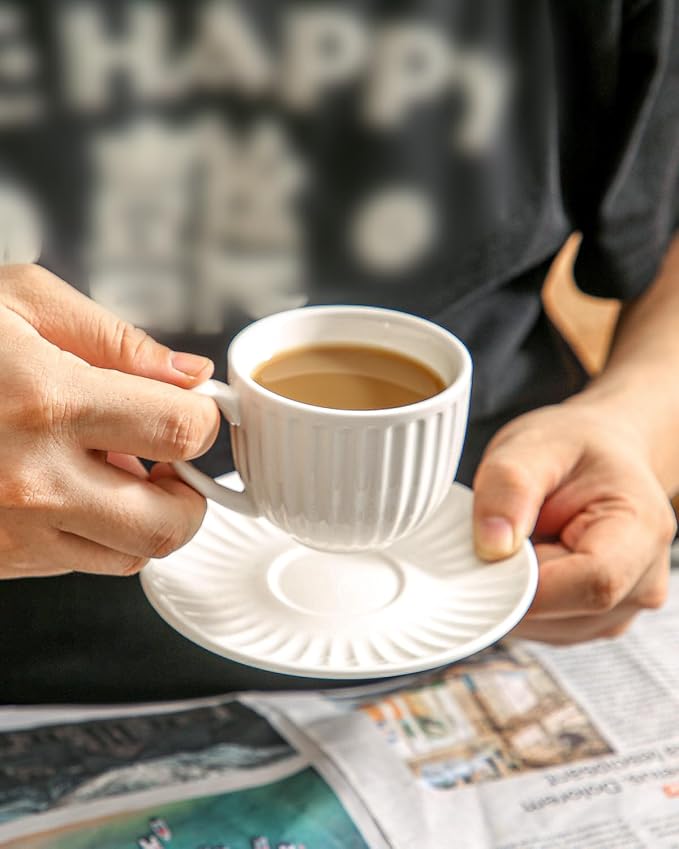 Hasense 4 Oz Espresso Cups with Saucers Set of 4, Ribbed Cappuccino Cups Ceramic for Coffee,Espresso,Double shot,Latte and Macchiato, Demitasse Cups Set Aesthetic Gift, White