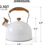 LONFFERY Tea Kettle, 2.5 Quart Whistling Tea Kettle, Tea Pots for Stove Top Food Grade Stainless Steel with Wood Pattern Folding Handle - White