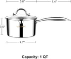 VENTION Tri-Ply Stainless Steel 1 Quart Saucepan with Lid, Bright Small Sauce Pan with Pour Spout, Small Pots for Cooking, Right Hand