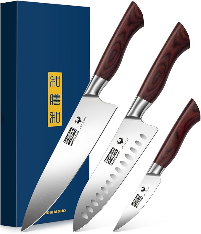 3-Piece Kitchen Knife Set, Ultra Sharp Chef/Santoku/Paring Knives,Professional High Carbon Steel Knives with Ergonomic Handle, Ideal Cooking Gift Set