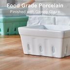 ONEMORE Berry Basket Ceramic Berry Bowls with Holes Square Fruit Bowl Berry Colander Containers for Fridge - 5.8" Fruit Basket for Kitchen Décor, Set of 2, White