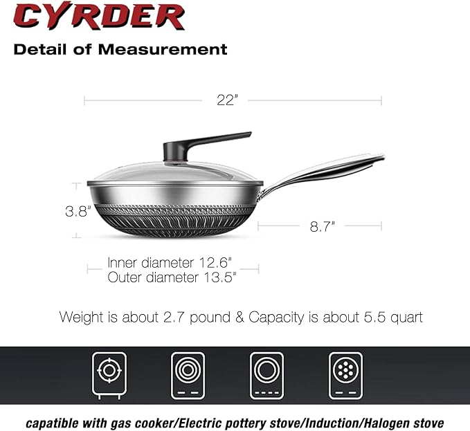Hybrid 13.5Inch 316 Stainless Steel Pan, PFOA Free Non-Stick Wok, Dishwasher Oven Safe, Stay Cool Handle Skillet, Works with Induction Cooktop/Ceramic/Gas/Electric Stove
