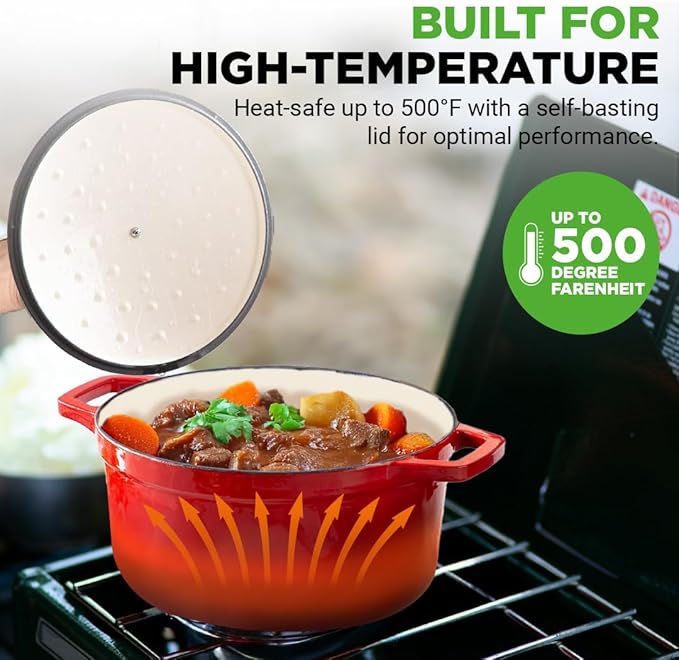 NutriChef Enameled Cast Iron Dutch Oven - 5-Quart Kitchen Round Dutch Oven Stovetop Casserole Cookware Braising Pot, Porcelain Enamel Coated Cast-Iron Baking Pots w/ Self Basting Lid