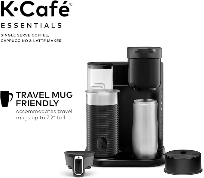 Keeurig K-Café Single Serve Coffee Maker, Built-In Milk Frother, Latte & Cappuccino Brewer, Espresso Shot, 3 Brew Sizes, 42 oz Water Reservoir, Travel Mug Friendly, Compact Design (Black 42oz)