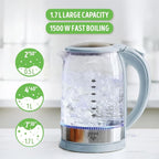 GreenLife 1.7 Liter Glass Electric Kettle, Easy One Touch Use, Quick Heating, Filtered Spout, LED Base, Auto Shut-Off, Cordless Serving, Coffee and Tea, Blue Haze