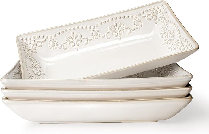 Artena Ceramic 8.25 Inch Rectangle Salad Plates Set of 4 - Deep Plates for Appetizer, Dessert, Dinner, Sushi, Snack, Pasta, Serving - Microwave Safe with Embossed Rim Design (Damask Floral)