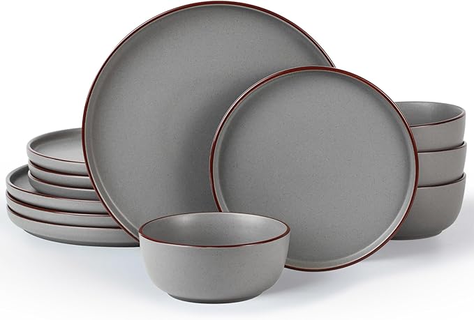 Famiware Mercury Plates and Bowls Sets, 12 Pieces Stoneware Dinnerware Sets, Dishes Set for 4, Microwave and Dishwasher Safe, Dark Grey
