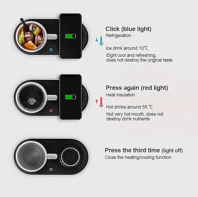 Coffee Mug Warmer, Drink Cooler with Wireless Charger, Smart Cup Warming, Beverage Cooling and Phone Charging 3 in 1 for Desk Office Gift