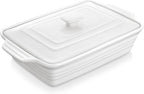 MALACASA 4.4 Quart Baking Dish With Lid, Porcelain Casserole dish with Lid, 13 x 9 Lasagna Pan Deep with Lid, Rectangular Bakeware With Handle, Microwave, Oven Safe, White, Series BAKE