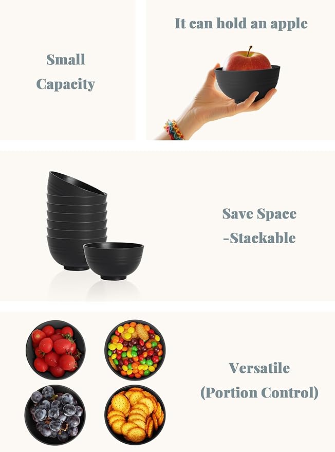 Homienly Wheat Straw Small Bowl Set of 8, Unbreakable Dessert Bowl - 10 OZ, Wheat Straw Mini Bowls for Kitchen, Kids, Microwave and Dishwasher Safe Bowls for Snack, Appetizer, Ice Cream (Black)