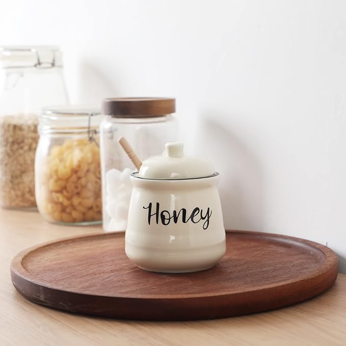 HAOTOP Farmhouse Porcelain Honey Jar with Dipper and Lid Set 12oz,Easy to Clean (Beige)