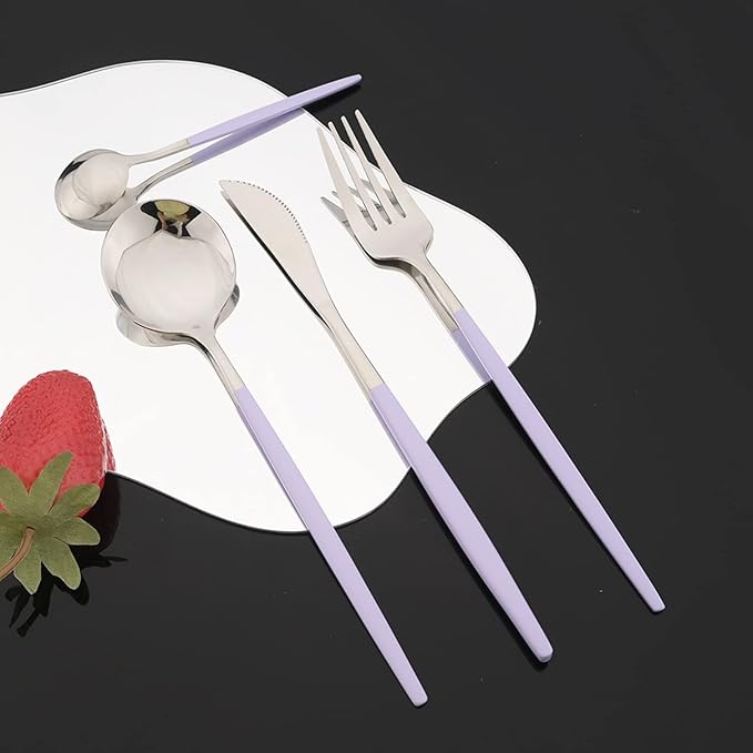 JASHII Flatware Set 24 Piece, Stainless Steel Silverware Set, Macaron Small Fresh Color Cutlery Set, Modern Elegant Tableware Set for Party, Christmas, Dinner (Purple Silver)