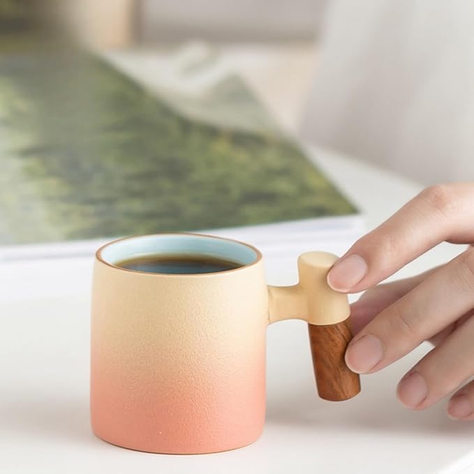 2-Oz Ceramic Espresso Cups with Wood Handle, 2/4-Piece Set for Coffee, Tea, Latte - Dishwasher Safe, Multi-Color & Wood Styles, Gift & Café Use (pink, Wooden Handle2)