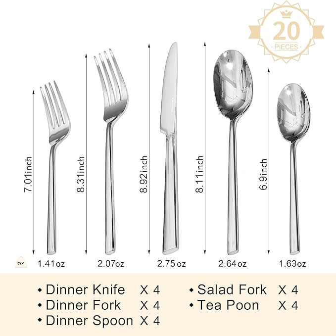 KINGSTONE Silverware Set, 20-Piece Forged Novelty Flatware Cutlery Utensil Set Premium Stainless Steel, Service for 4, for Kitchen, Home, Wedding, Party, Mirror Polished and Dishwasher Safe