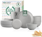 Homienly 32-Piece Kitchen Wheat Straw Dinnerware Set, Service for 8, Dinner Plates, Small Dessert Plate, Cereal Bowls, Cups, Unbreakable Outdoor Camping Dishes, Microwave and Dishwasher Safe-Grey