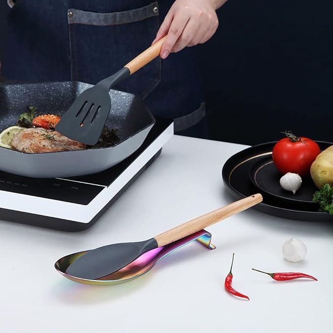 Matte Rainbow Spoon Rest, Stainless Steel Holder for Stove Top, Kitchen Utensils for Ladles, Tongs, Spatula, Pot Lid, Dishwasher Safe (1PC-9.5 Inch)