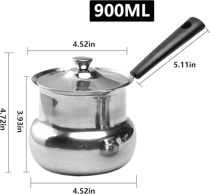 Turkish Coffee Pot with Lid: Stainless Steel Mini Saucepan Chocolate Melting Pot, Milk Warmer Butter Warmer for Stove Top Espresso Coffee Tea Soup Warming (900ML)