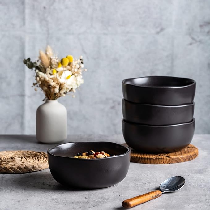 AmorArc Stoneware Cereal Bowls for Kitchen, 28oz Large Ceramic Soup Bowls Set of 6 for Meal, Chip-Resistant Kitchen Bowls with Wavy Rim, Reactive Glaze-Matte Black