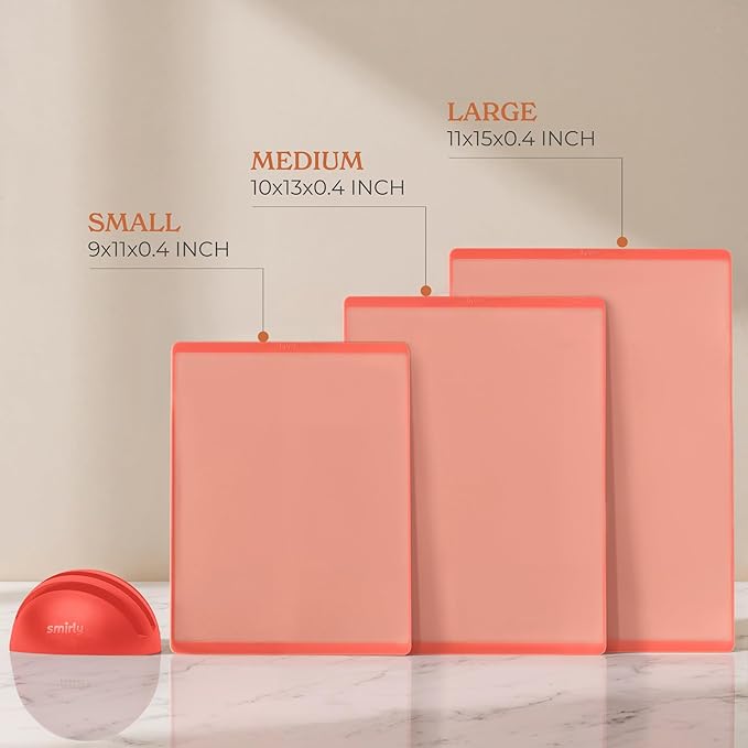 SMIRLY Plastic Cutting Board Set with Holder 3 Pieces, Non-Slip Dishwasher Safe Chopping Boards for Kitchen, Pink