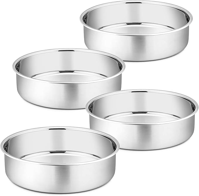 P&P CHEF Cake Pan Set of 4, Stainless Steel Baking Round Cake Pans Tins Bakeware for Birthday Wedding, Leak-proof & Easy Clean, Mirror Finish & Easy Releasing, 8 Inch