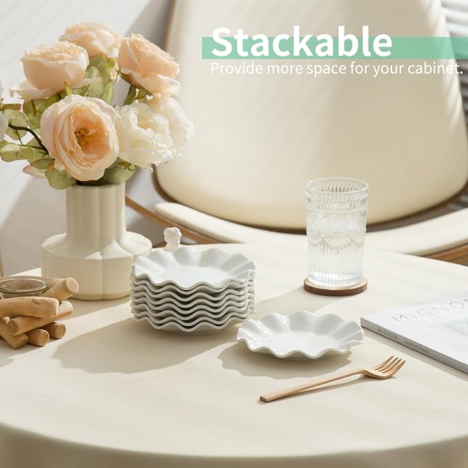 OMAYKEY 6 Inch Ceramic Dessert Plates Set of 18, Small Salad Plates, Porcelain Wave Rim Dinner Plates, Mini Appetizer Plates for Cake Waffles Snacks Side Dish, Oven Microwave Dishwasher Safe, White