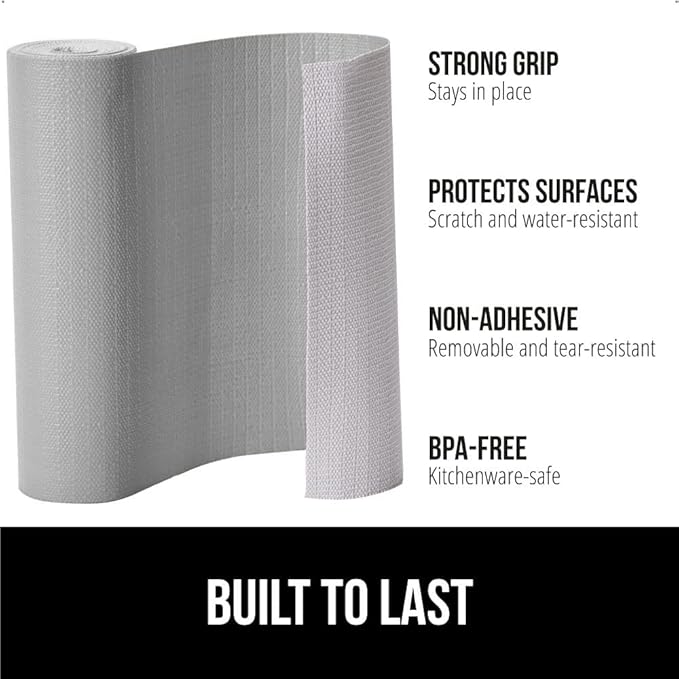GORILLA GRIP Slip Resistant Drawer and Shelf Liner 2 Pack, Non Adhesive Water Resistant, Easy Clean and Trim, Smooth Surface Liners for Kitchen Cabinet Shelves Drawers Pantry 12 IN x 20 FT, Light Gray