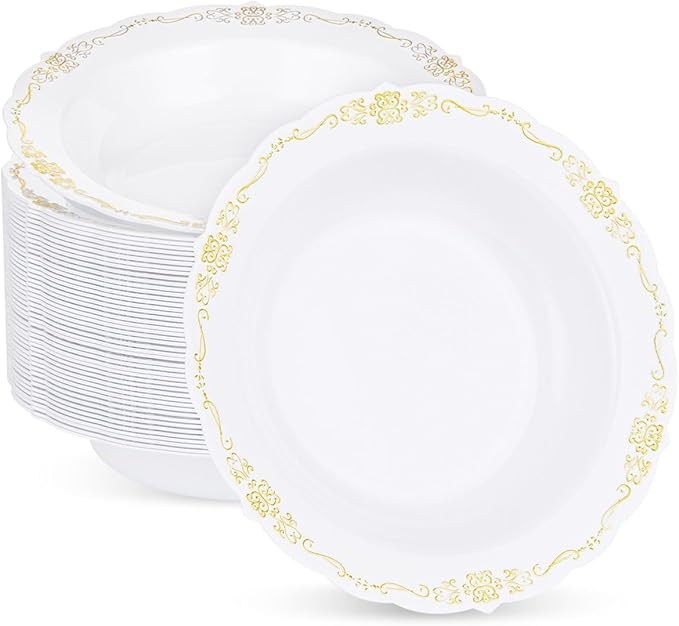 50 Pack White Plastic Bowls with Gold Rim, 12oz Disposable Soup Bowl, Heavy Duty Dinner Bowls for Party, Weddings, Dinners, Catering and Everyday Use