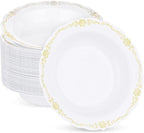 50 Pack White Plastic Bowls with Gold Rim, 12oz Disposable Soup Bowl, Heavy Duty Dinner Bowls for Party, Weddings, Dinners, Catering and Everyday Use