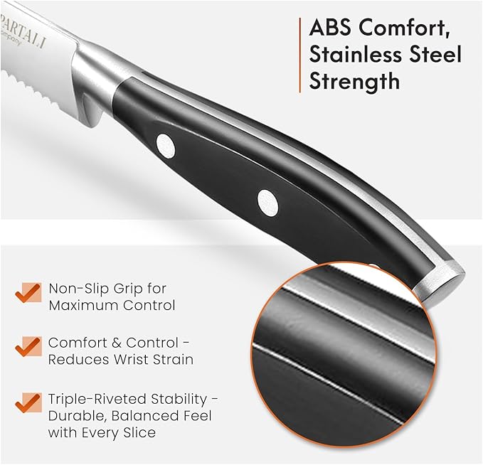 Spartali & Company Premium 4.5-Inch Steak Knife Set of 4 – Serrated Stainless Steel Blades with Ergonomic Handles – Razor-Sharp Cutlery for Effortless Meat Slicing – Dishwasher Safe, Rust-Resistant.