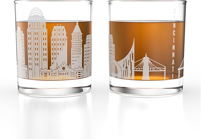 Greenline Goods – Cincinnati, OH Skyline Whiskey Glasses (Set of 2), 10 oz – Rocks/Old Fashioned Tumblers