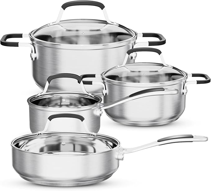Stainless Steel Pots and Pans Set, 8 Pcs Non Toxic Cookware Set 5 Ply Base, Kitchen Pots Set, Induction Pans Set, Non Toxic 18/8 Dishwasher Safe