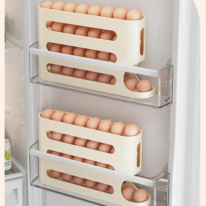 Egg Holder for Fridge, Egg container for refrigerator, Space-Saving Automatic Rolling Eggs Dispenser, 4 Tiers Fridge Egg Rack for Refrigerator Holds up to 30 pcs