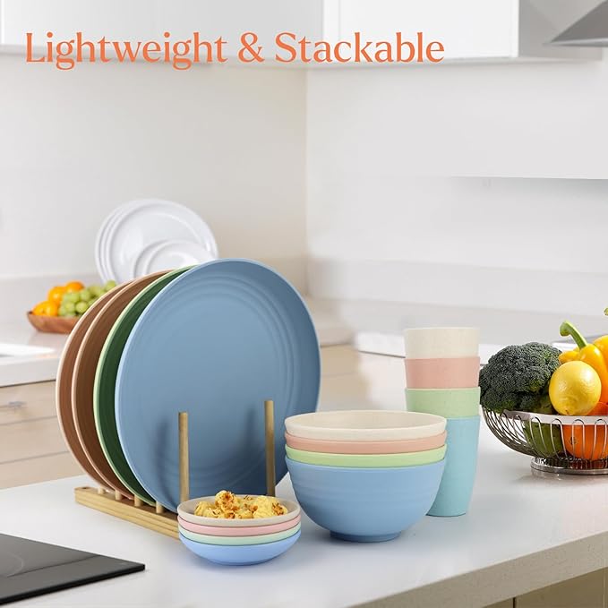 Wheat straw plates and bowls sets of 16 - Unbreakable wheat straw dinnerware sets for kids - Alternative plastic dinnerware set service for 4 - Microwave safe and Dishwasher safe bowls. Nordic