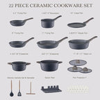 22Pcs Pots and Pans Set Non Stick Non-Toxic Ceramic Cookware Sets Nonstick Kitchen Pot and Pan Set With Lid Gray Granite Induction Compatible with Glass Lids 10" Griddles Frying Pan PFOA/PFOS-Free