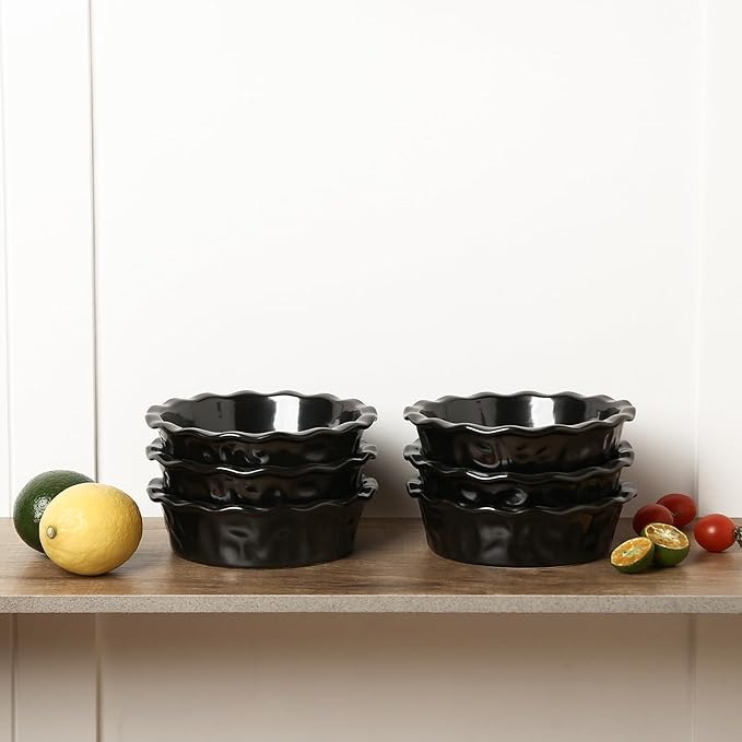 vicrays Ceramic Pie Pan for Baking - 5.5 inch Small Pie Plates Deep Dish Round Pot Casserole Mini Serving Bowl - Microwave Oven Safe for Dessert Apple Pie Cake Tart Pizza Set of 6 - Black